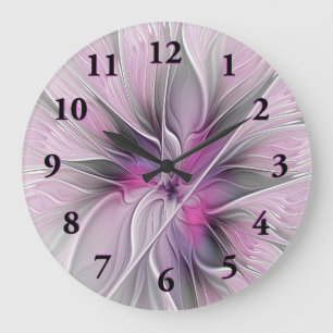 Grande Horloge Ronde Fractal Floral Moderne Abstrait Fleur Rose Gris