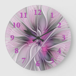 Grande Horloge Ronde Fractal Floral Moderne Abstrait Fleur Rose Gris