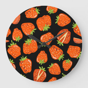 Grande Horloge Ronde Fraises Noir : Texture Vintage sans fil