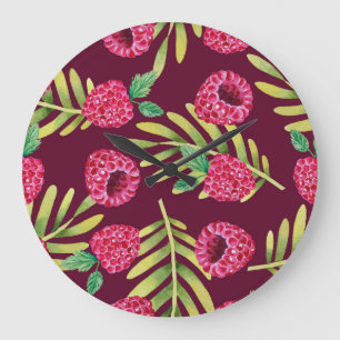 Grande Horloge Ronde Framboises aquarelles : motif de fruits rouges.