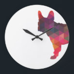 Grande Horloge Ronde Français Bulldog coloré Silhouette géométrique<br><div class="desc">Cette silhouette peut également représenter : French Bulldog,  Frenchie,  Boston Terrier,  American Gentleman,  Bostie,  Frog Dog,  Clown Dog,  Bat Ears,  Toy Bulldog,  Brachycéphalic,  Clown Prince of Dogs,  Klun,  Frenchy,  Dentelle,  Bulldogge,  chien de compagnie,  race de jouet,  FBD</div>