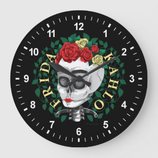 Grande Horloge Ronde Frida Kahlo | Crâne avec couronne Rose