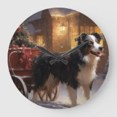 Grande Horloge Ronde Frontière Collie Festive de Noël (Recto)