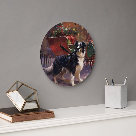 Grande Horloge Ronde Frontière Collie Festive de Noël (Bureau)