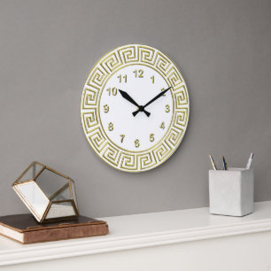Grande Horloge Ronde Frontière de clé grecque blanche or Art Déco avec 