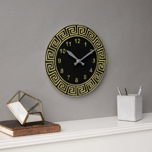 Grande Horloge Ronde Frontière de clé grecque noire or Art Déco avec re