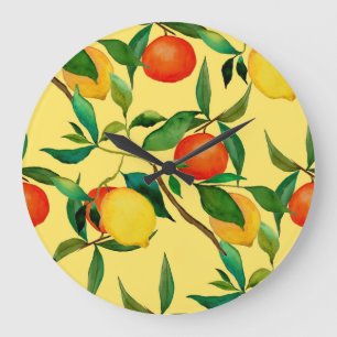 Grande Horloge Ronde Fruits d'agrumes, motif d'aquarelle vibrante.