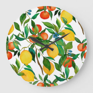 Grande Horloge Ronde Fruits d'agrumes, motif d'aquarelle vibrante.