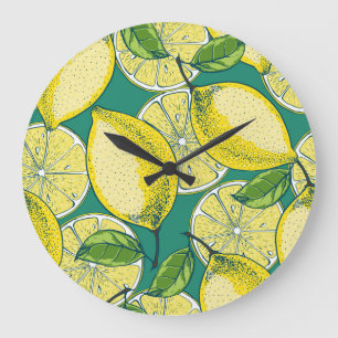 Grande Horloge Ronde Fruits de citron Vintage Illustration transparente