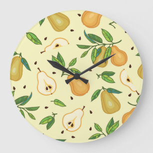 Grande Horloge Ronde Fruits de poires jaunes : Illustration Vintage.