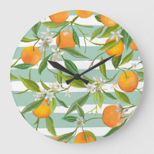 Grande Horloge Ronde Fruits Orange Floral : Vintage sans couture.
