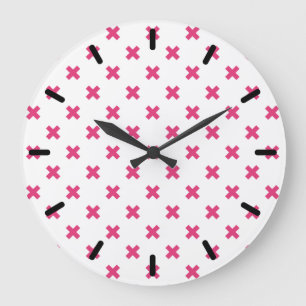 Grande Horloge Ronde Fuchsia croix sur le blanc