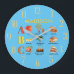 Grande Horloge Ronde Fun Alphabet ABC nom personnalisé<br><div class="desc">Comment combiner un joli "mur art" personnalisé à la chambre d'un enfant avec une horloge et une expérience d'apprentissage. Apprenez les ABC et apprenez quelque chose sur les légumes — comment ils grandissent et ce qu'ils peuvent devenir dans notre vie quotidienne. Pour toute question de conception ou demande spéciale, envoyez...</div>