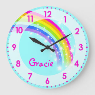 Grande Horloge Ronde Fun kids girls rainbow name aqua pink wall clock