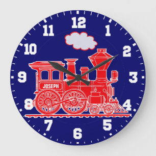 Grande Horloge Ronde Fun kids name train red and navy blue wall clock