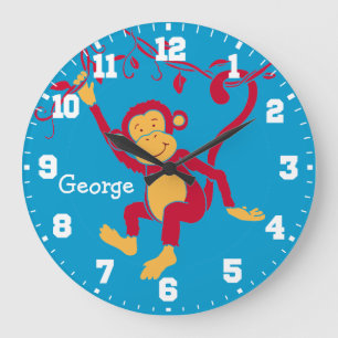 Grande Horloge Ronde Fun Kids, nom de Monkey red, Blue & white wall clo