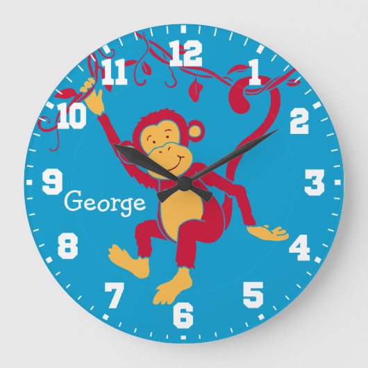 Grande Horloge Ronde Fun Kids, nom de Monkey red, Blue & white wall clo (Recto)