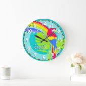 Grande Horloge Ronde Fun kids rainbow macgaraw parrot name aqua wall cl (Maison)