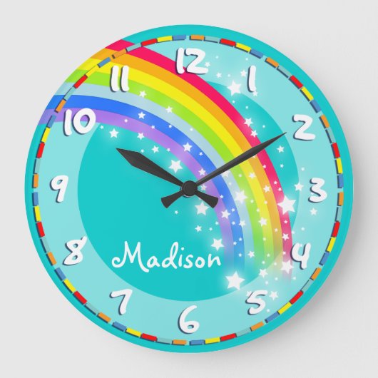 Grande Horloge Ronde Fun kids rainbow name aqua wall clock (Recto)