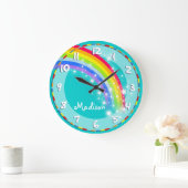 Grande Horloge Ronde Fun kids rainbow name aqua wall clock (Maison)