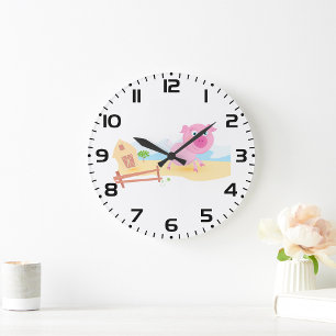 Grande Horloge Ronde Fun Pig sur ferme avec grange et clôture