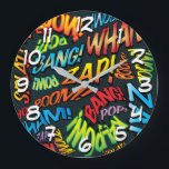 Grande Horloge Ronde Fun Retro Comic Book pop Art Sounds<br><div class="desc">Fun trendy superhero comic book book pop clocks that are sure to add a splash of colour to a range of rooms around your home or office. A idéal way to treat yourself or someone that you know with these cool, unique comic con designer clocks. Why not add some zap...</div>
