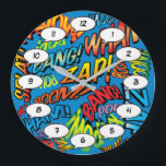 Grande Horloge Ronde Fun Retro Comic Book pop Art Sounds<br><div class="desc">Des horloges pop comic super-héros branchées qui ajouteront une touche de couleur à une gamme de pièces autour de votre maison ou bureau. Une façon idéale de vous offrir ou de traiter quelqu'un que vous connaissez avec ces horloges de dessinateur de bande dessinée cool et unique. Pourquoi ne pas ajouter...</div>