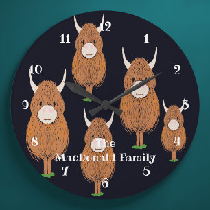 Grande Horloge Ronde Fun Scottish Highland Cow Personnalisé