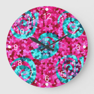 Grande Horloge Ronde Funky Rose Turquoise Bleu Mosaïque Fissures Cadeau