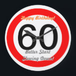 Grande Horloge Ronde Funny 60th Birthday Joke 60 Road Sign Speed Limit<br><div class="desc">Funny 60e Anniversaire Plaisanterie 60 Route Signale Vitesse Limite Horloge. Le temps passe ! Offrez cette grande horloge de 60 ans avec le numéro d'âge personnalisable "60" et des textes personnalisables "Joyeux anniversaire" et "Mieux commencer à ralentir!". Cette grande horloge de 60e anniversaire est entièrement personnalisable, ajoutez votre texte et...</div>