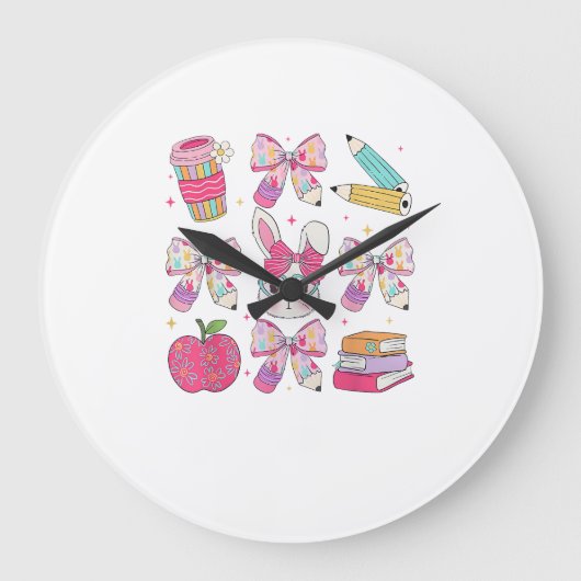 Grande Horloge Ronde Funny Bunny Coquette Bow Rabbit Teacher Easter Ret (Recto)