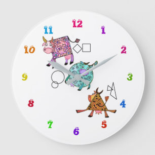 Grande Horloge Ronde Funny Colorful Geometric Cows