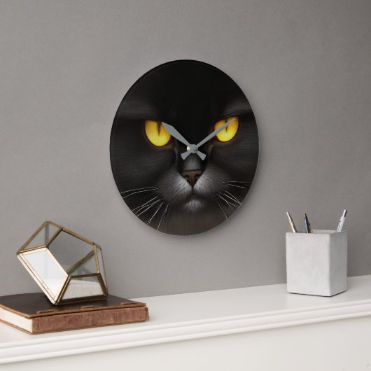 Grande Horloge Ronde Funny Fluffeux noir Perse noir chaton visage (Bureau)