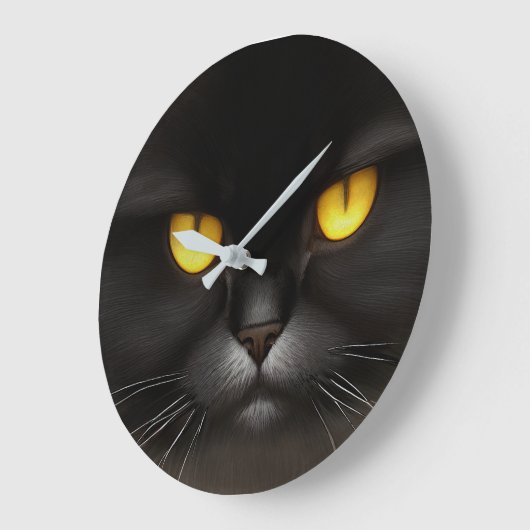 Grande Horloge Ronde Funny Fluffeux noir Perse noir chaton visage (Angle)