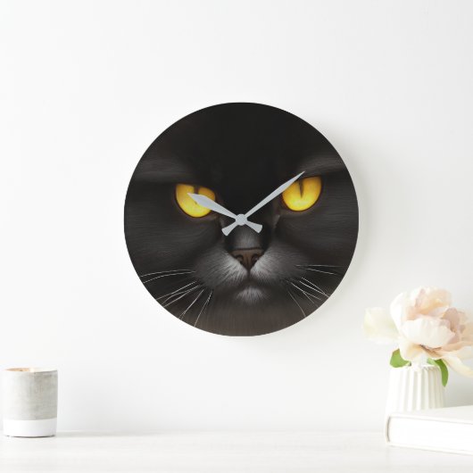 Grande Horloge Ronde Funny Fluffeux noir Perse noir chaton visage (Maison)
