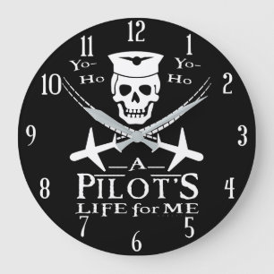 Grande Horloge Ronde Funny Pilote Skull Cross Airplanes Pirate Humour
