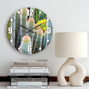Grande Horloge Ronde Fuzzy vert cactus succulent photo moderne audacieu