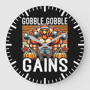 Grande Horloge Ronde Gains Gobble Gobble - Drôle Gym Thanksgiving