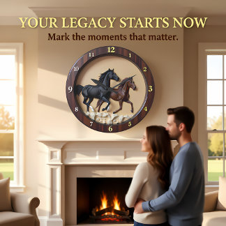 Grande Horloge Ronde Galloping Stallions Faux Wood Timepiece
