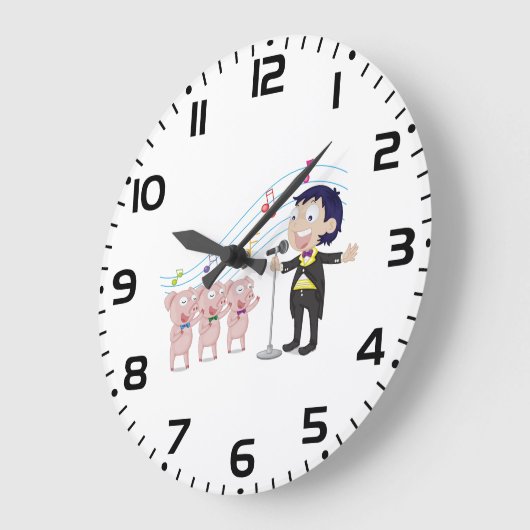 Grande Horloge Ronde Garçon chantant avec un chœur de trois cochons (Angle)