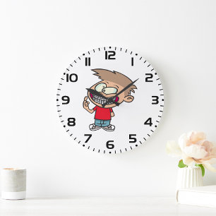 Grande Horloge Ronde Garçon de dessin animé drôle avec un sourire et de