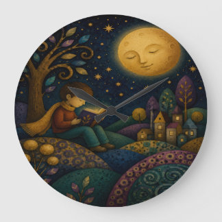 GRANDE HORLOGE RONDE GARÇON FANTAISISTE LISANT SOUS LA LUNE