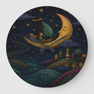 GRANDE HORLOGE RONDE GARÇON FANTAISISTE NAVIGUANT SUR UN CROISSANT DE L