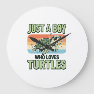Grande Horloge Ronde Garçon qui aime les tortues Design de gravure vint