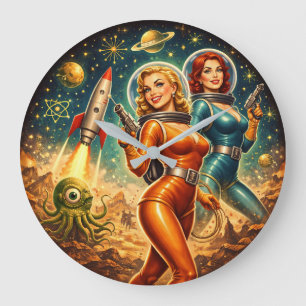 Grande Horloge Ronde Gardiennes Galactiques Filles de l'Espace Rétro