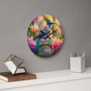 Grande Horloge Ronde Geai à tête verte, oiseau de fantaisie