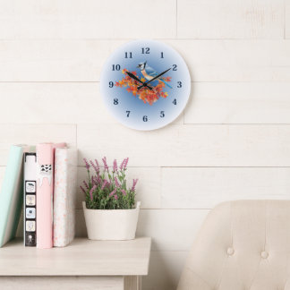 Grande Horloge Ronde Geai bleu aux couleurs d'automne