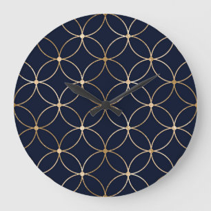 Grande Horloge Ronde Géométrie vintage : Bleu doré Abstrait