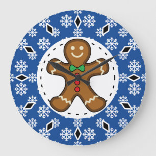 Grande Horloge Ronde Gingerbread Man on Blue White Snowflakes