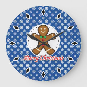Grande Horloge Ronde Gingerbread - Patters bleus - Merry Xmas